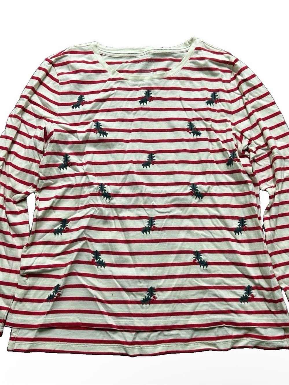 Women’s Talbots Petite White Red Striped Long Sleeve Shirt Mistletoe Size Large